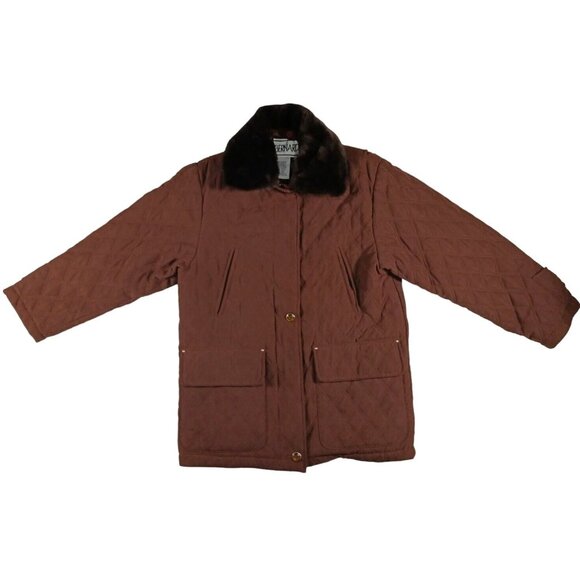 Vintage BERNARDO Faux Fur Removable Collar Quilted Coat Size M Brown - Picture 3 of 13